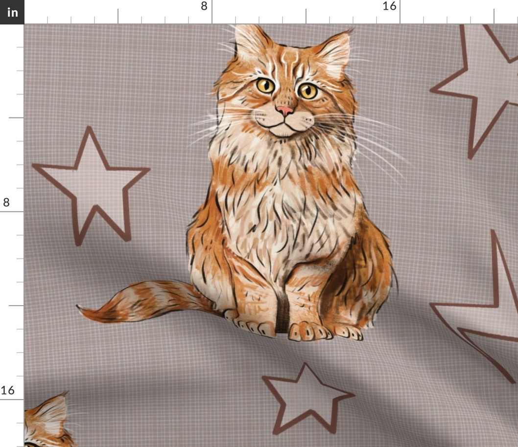 Large - Sweet Kitties - Orange Cats with Stars and Lightning Bolts on Tan Linen