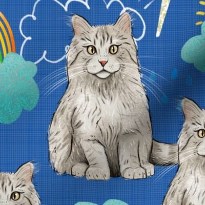 Medium - Sweet Kitties - Grey and White Cats with Rainbows, Clouds, and Sunshine on Blue