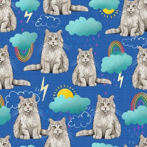 Medium - Sweet Kitties - Grey and White Cats with Rainbows, Clouds, and Sunshine on Blue