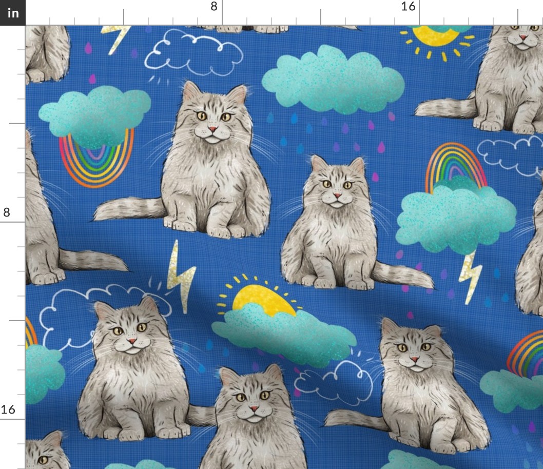 Medium - Sweet Kitties - Grey and White Cats with Rainbows, Clouds, and Sunshine on Blue