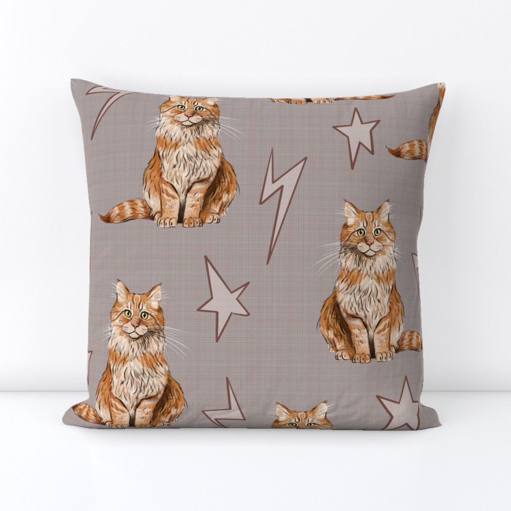 Medium - Sweet Kitties - Orange Cats with Stars and Lightning Bolts on Tan Linen