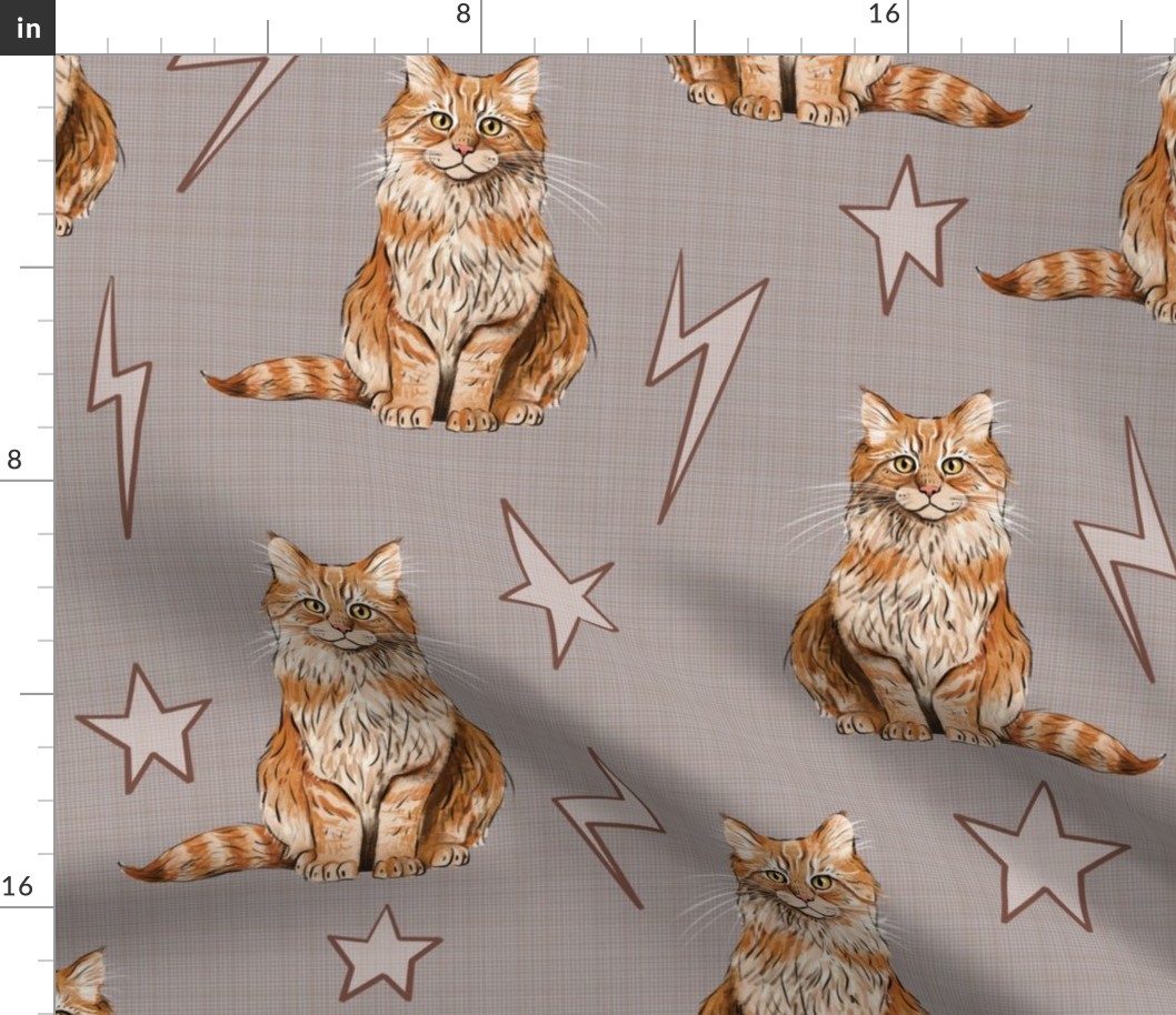 Medium - Sweet Kitties - Orange Cats with Stars and Lightning Bolts on Tan Linen