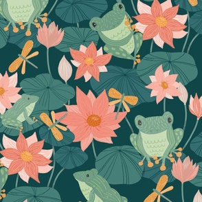 Frogs on Lily Pads with Lotus Flowers Large Scale - © Lucinda Wei