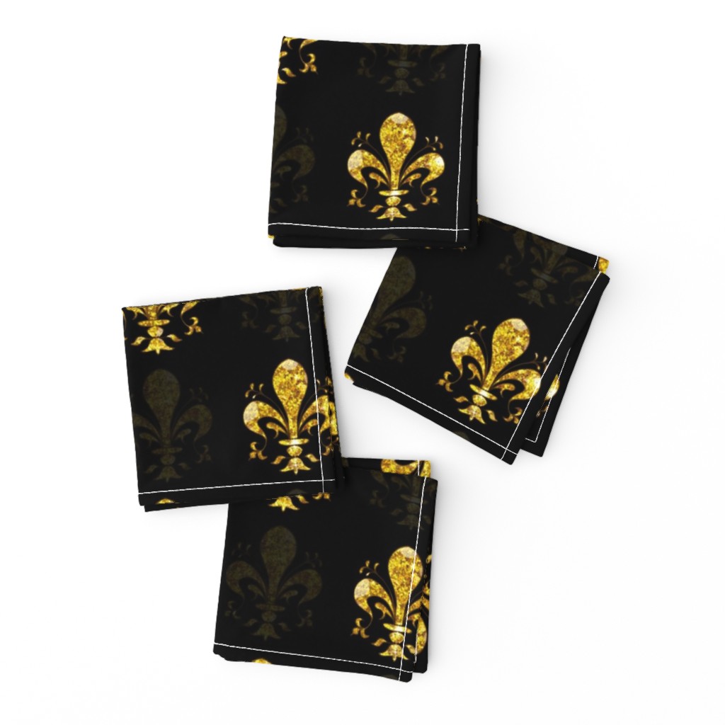 2.5" New Orleans Gold Swirl Fancy Fleur de Lis -- Black and Gold -- Gold and Black Mardi Gras Fleur de Lis -- New Orleans Gold -- Faux Glitter, Gold Glitter Print, Simulated Gold Glitter Fleur de Lis - 6.25in x 6.25in repeat -- 200dpi (75% of Full Scale)