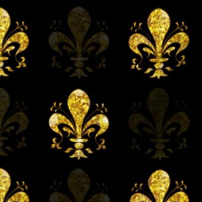 2.5" New Orleans Gold Swirl Fancy Fleur de Lis -- Black and Gold -- Gold and Black Mardi Gras Fleur de Lis -- New Orleans Gold -- Faux Glitter, Gold Glitter Print, Simulated Gold Glitter Fleur de Lis - 6.25in x 6.25in repeat -- 200dpi (75% of Full Scale)