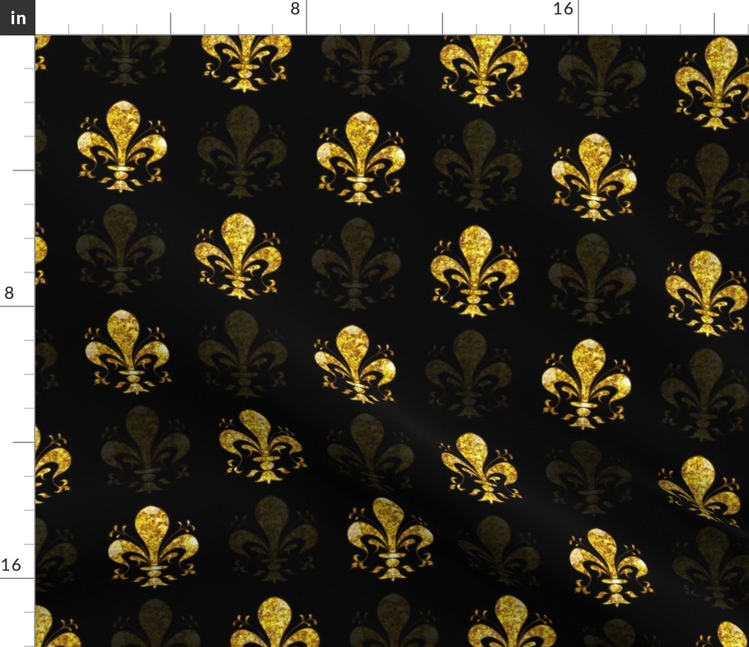 2.5" New Orleans Gold Swirl Fancy Fleur de Lis -- Black and Gold -- Gold and Black Mardi Gras Fleur de Lis -- New Orleans Gold -- Faux Glitter, Gold Glitter Print, Simulated Gold Glitter Fleur de Lis - 6.25in x 6.25in repeat -- 200dpi (75% of Full Scale)