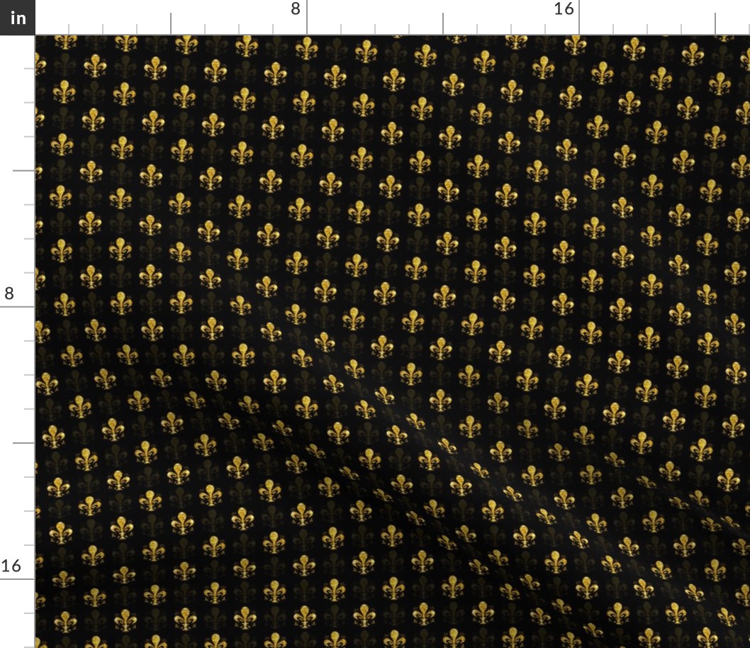 1/2" New Orleans Gold Swirl Fancy Fleur de Lis -- Black and Gold Fleur de Lis -- Gold and Black Mardi Gras Coordinate -- New Orleans Gold -- 1.56in x 1.56in repeat -- 800dpi (19% of Full Scale)