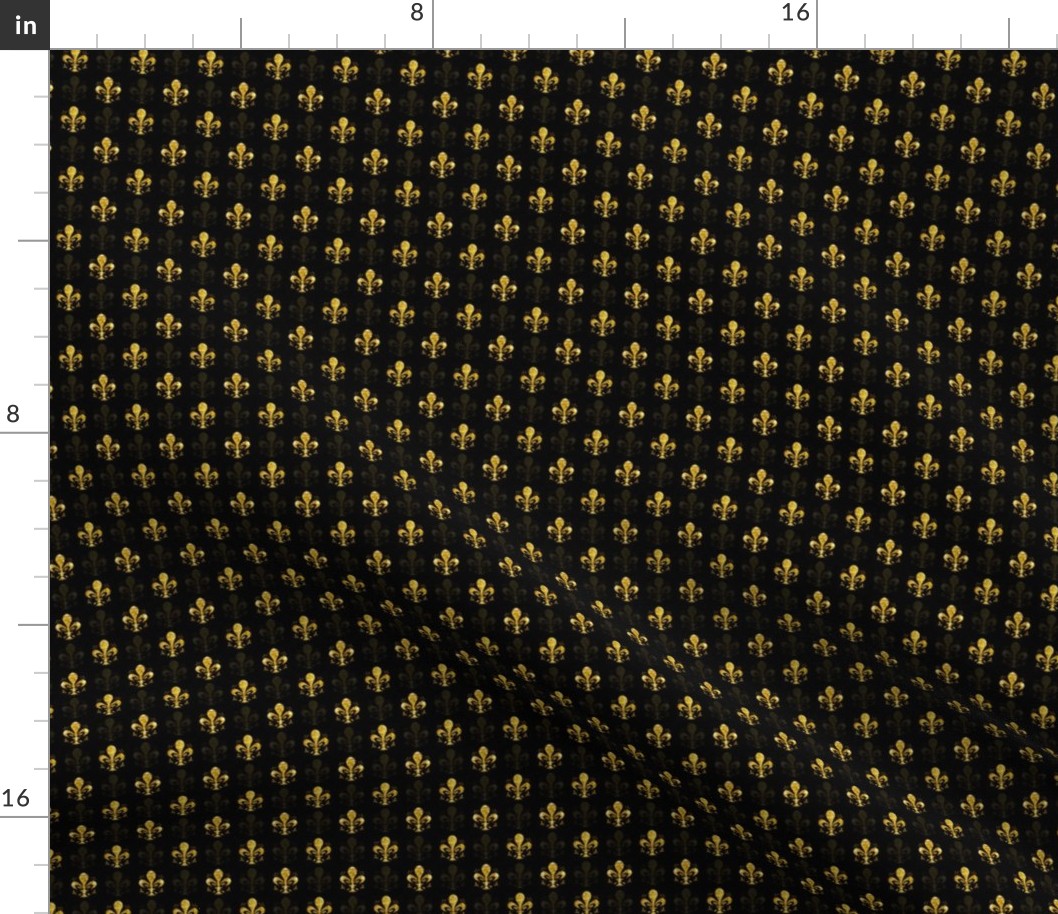 3/8"-ish New Orleans Gold Swirl Fancy Fleur de Lis -- Black and Gold Fleur de Lis -- Gold and Black Mardi Gras Coordinate -- New Orleans Gold -- 1.25in x 1.25in repeat -- 1000dpi (15% of Full Scale)