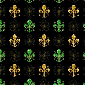 2.5" Nolo's Deuce Green and Gold - Swirl Fancy Fleur de Lis - Green, Gold and Black Mardi Gras Fleur de Lis - Green, Gold Faux Glitter, Glitter Print, Simulated Glitter Fleur de Lis - 6.25in x 6.25in repeat -- 200dpi (75% of Full Scale)
