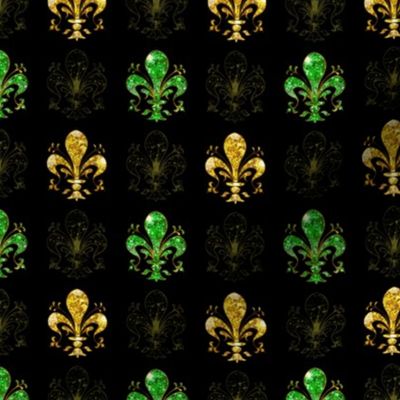 1 1/8" Nolo's Deuce Green and Gold -- Swirl Fancy Fleur de Lis - Green and Gold Fleur de Lis -- Green, Gold and Black Mardi Gras - 3.12in x 3.12in repeat - 400dpi (38% of Full Scale)
