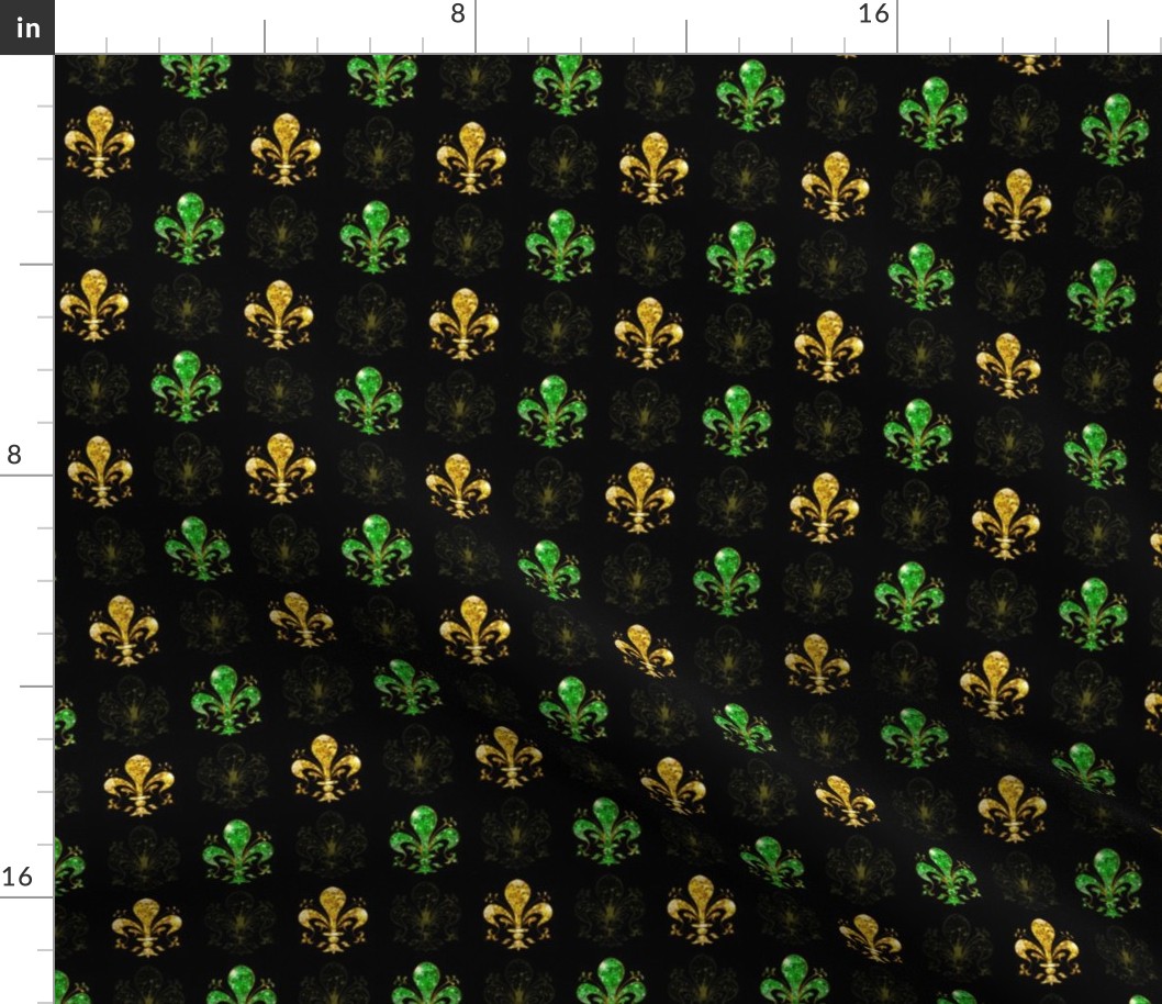 1 1/8" Nolo's Deuce Green and Gold -- Swirl Fancy Fleur de Lis - Green and Gold Fleur de Lis -- Green, Gold and Black Mardi Gras - 3.12in x 3.12in repeat - 400dpi (38% of Full Scale)