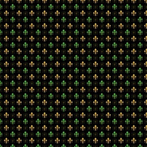 1/2" Nolo's Deuce Green and Gold -- Swirl Fancy Fleur de Lis - Green and Gold Fleur de Lis -- Green, Gold and Black Mardi Gras -- 1.56in x 1.56in repeat -- 800dpi (19% of Full Scale)
