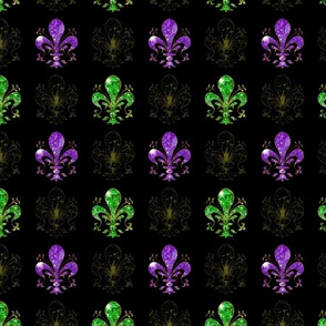 2.5" Nolo's Deuce Purple and Green - Swirl Fancy Fleur de Lis - Purple, Green and Black Mardi Gras Fleur de Lis - Purple, Green Faux Glitter, Glitter Print, Simulated Glitter Fleur de Lis - 6.25in x 6.25in repeat -- 200dpi (75% of Full Scale)