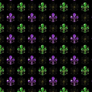1.5" Nolo's Deuce Purple and Green -- Swirl Fancy Fleur de Lis - Purple, Green and Black Mardi Gras Fleur de Lis -- Purple, Green Faux Glitter, Glitter Print, Simulated Glitter Fleur de Lis - 4.17in x 4.17in repeat - 300dpi (50% of Full Scale)