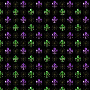 1 1/8" Nolo's Deuce Purple and Green -- Swirl Fancy Fleur de Lis - Purple and Green Fleur de Lis -- Purple, Green and Black Mardi Gras - 3.12in x 3.12in repeat - 400dpi (38% of Full Scale)