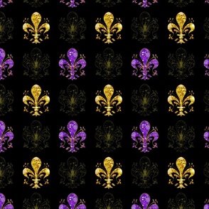 2.5" Nolo's Deuce Purple and Yellow - Swirl Fancy Fleur de Lis - Purple, Yellow and Black Mardi Gras Fleur de Lis - Purple, Yellow Faux Glitter, Glitter Print, Simulated Glitter Fleur de Lis - 6.25in x 6.25in repeat -- 200dpi (75% of Full Scale)