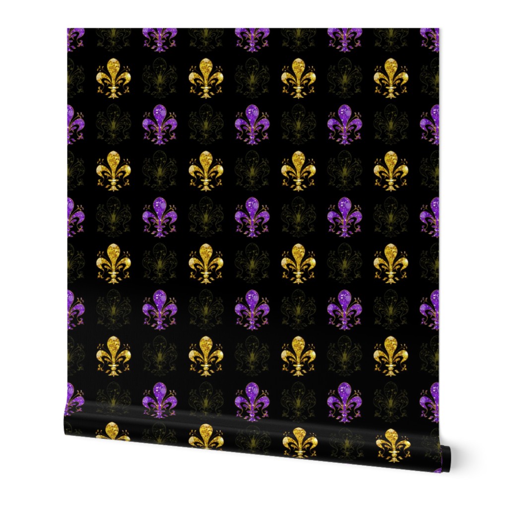 1/2" Nolo's Deuce Purple and Yellow -- Swirl Fancy Fleur de Lis - Purple and Yellow Fleur de Lis -- Purple, Yellow and Black Mardi Gras -- 1.56in x 1.56in repeat -- 800dpi (19% of Full Scale)