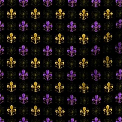 1/2" Nolo's Deuce Purple and Yellow -- Swirl Fancy Fleur de Lis - Purple and Yellow Fleur de Lis -- Purple, Yellow and Black Mardi Gras -- 1.56in x 1.56in repeat -- 800dpi (19% of Full Scale)