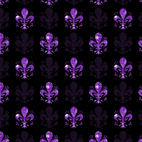 2.5" New Orleans Purple Swirl Fancy Fleur de Lis -- Purple and Black Mardi Gras Fleur de Lis -- Purple Faux Glitter, Glitter Print, Simulated Purple Glitter Fleur de Lis -- 6.25in x 6.25in repeat -- 200dpi (75% of Full Scale)