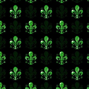 2.5" New Orleans Green Swirl Fancy Fleur de Lis -- Green and Black Mardi Gras Fleur de Lis -- Green Faux Glitter, Glitter Print, Simulated Green Glitter Fleur de Lis -- 6.25in x 6.25in repeat -- 200dpi (75% of Full Scale)