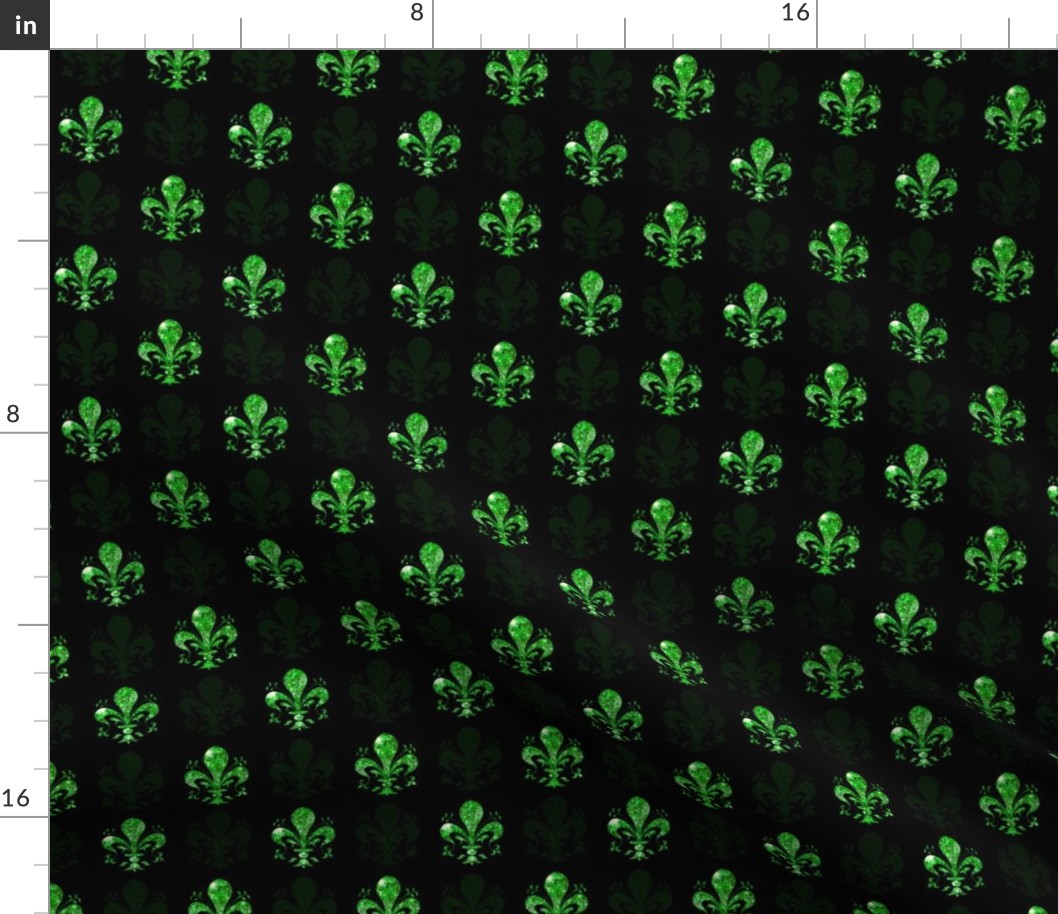 1 3/8" New Orleans Green Swirl Fancy Fleur de Lis -- Green and Black Mardi Gras Fleur de Lis -- Green and Black Mardi Gras - - 3.12in x 3.12in repeat - 400dpi (38% of Full Scale)