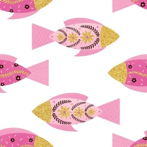 Scandinavian style floral fishes - pink and gold