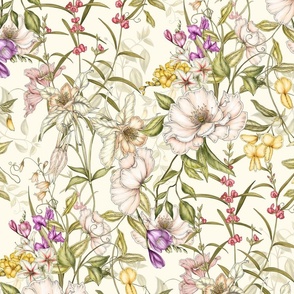 Amelia - cream purple pink flower meadow on cream off white