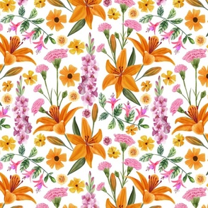 Floral With Orange Lily, Pink Gladiolus, Fuchsia, Thunbergia,  Primroses and Carnations White Background
