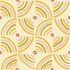 Tiles with Hand Drawn Quarter Circles - Khaki, pink, green and orange - Large