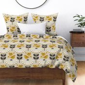 daisies with fluttering birds - golden yellow / off white / brown (large scale)