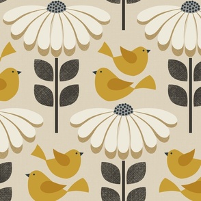daisies with fluttering birds - golden yellow / off white / brown (large scale)