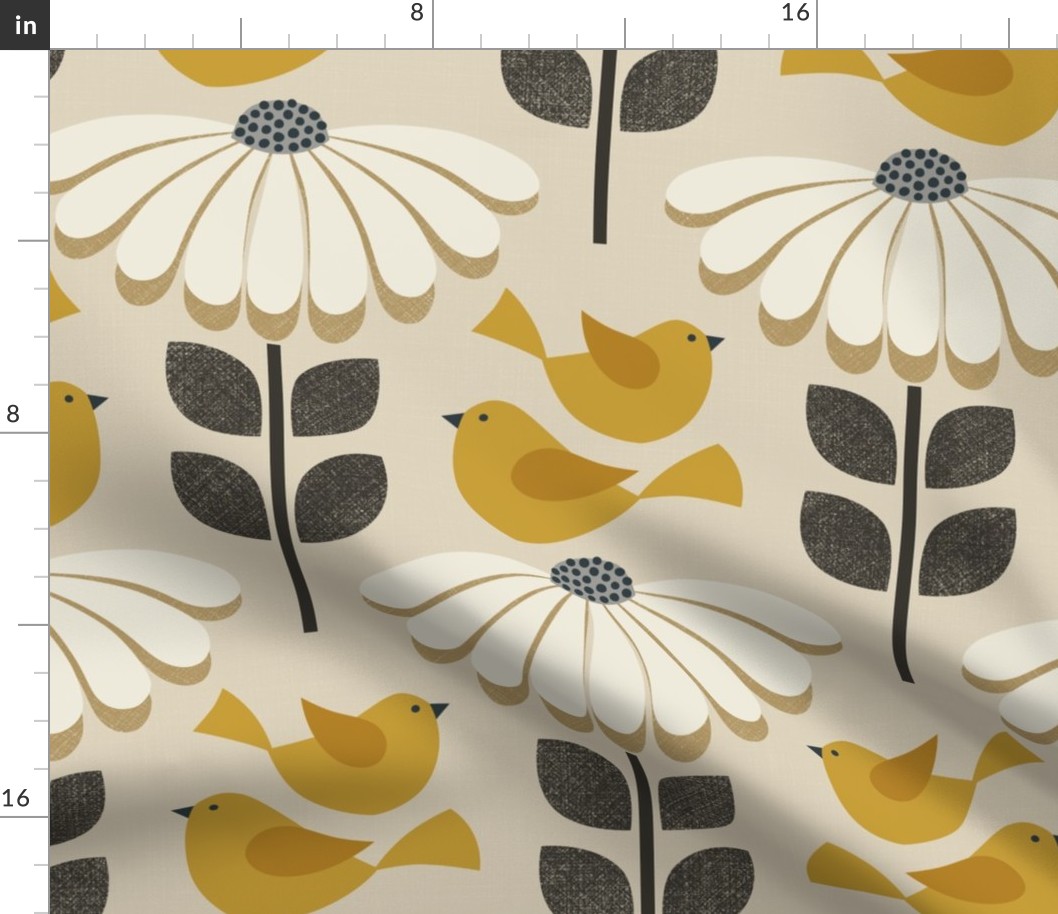 daisies with fluttering birds - golden yellow / off white / brown (large scale)