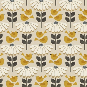 daisies with fluttering birds - golden yellow / off white / brown (medium scale)