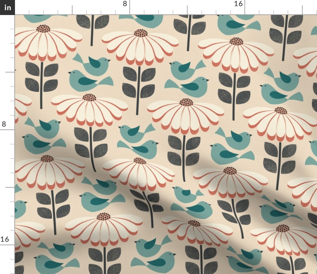 daisies with fluttering birds - blue / off white / coral (medium scale)