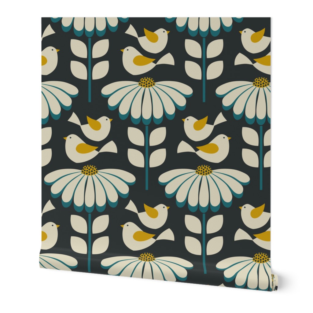 daisies with fluttering birds - black / off white / teal / golden yellow (large scale)