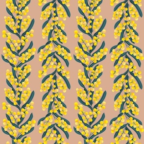 Australian wattle floral pattern on peach background 