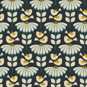 daisies with fluttering birds - black / off white / teal / golden yellow (medium scale)