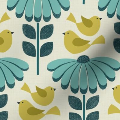 daisies with fluttering birds - blue turquoise / green (medium scale)