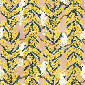 Australian wattle & cockatoo floral pattern on peach 