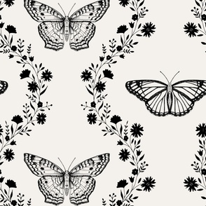 Butterfly garden vintage black and white - large scale