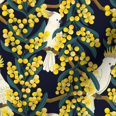 Australian wattle & cockatoo floral pattern on navy blue