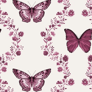 Butterfly garden pink watercolor on cream - large scale