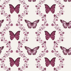 Butterfly garden pink watercolor on cream - medium scale