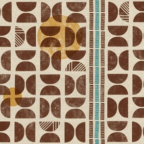 Block print in brown yellow and turquoise - Large