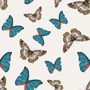 Tossed butterflies teal blue watercolor on cream - large scale