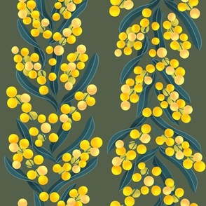 Australian wattle floral pattern on kaki / big scale