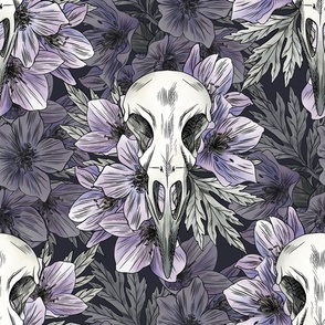 Raven skull in hellebore flowers