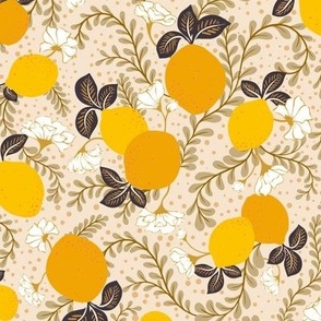 Small Scale - Whimsical Lemons And Vines On Beige