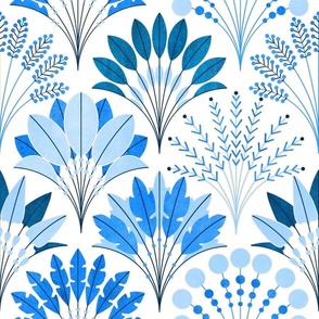 Art Deco Block Print Palms - Chine Blue and White - Medium Scale 