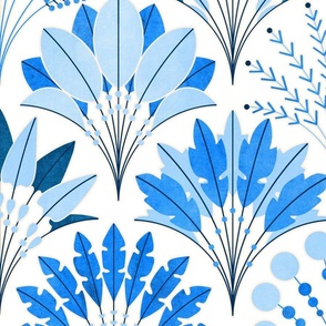 Art Deco Block Print Palms - Chine Blue and White - Large Scale 